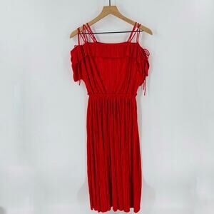 Express Red Pleated Cold Shoulder Midi Dress Ruffle Trim Spaghetti Strap Size XS